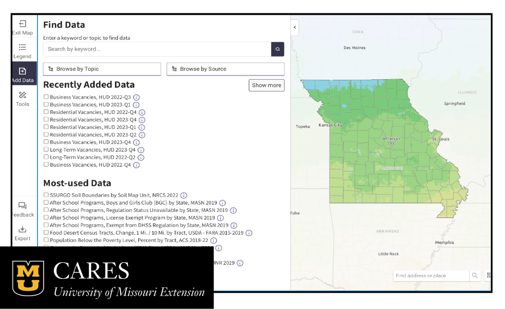 The icon card for the Missouri Map Room shows a colorful map of Missouri alongside a selection pane of mappable data layers from the Missouri Map Room's "Add Data" menu.